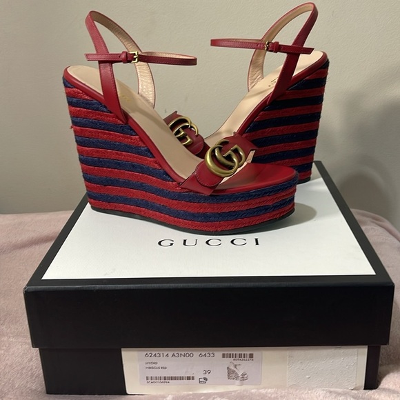 GUCCI Lifford Calfskin Aitana Espadrille Platform in Hibiscus Red Sz. IT39 US9 - Picture 10 of 17
